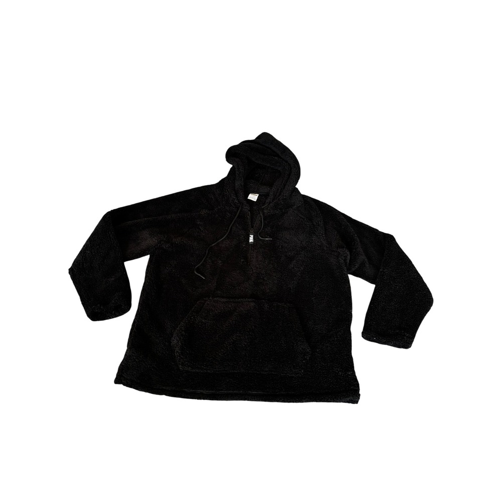Pink Victoria's Secret Black Sherpa Fleece Quarter Zip Hoodie Large